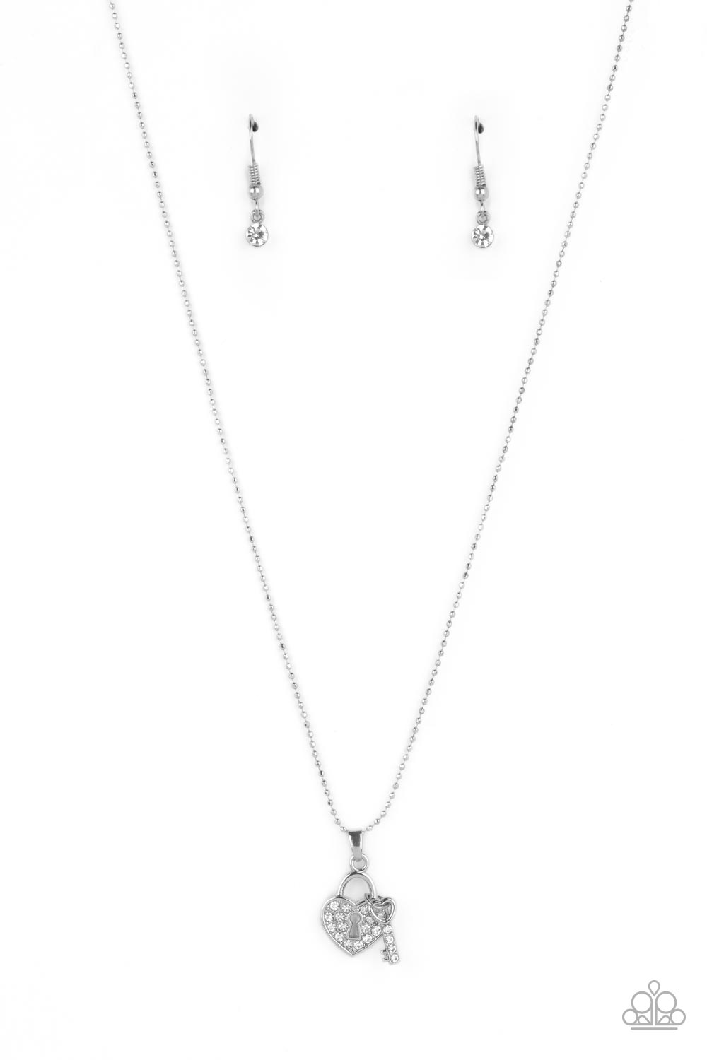 You Hold My Heart - White Rhinestone Silver Heart Lock and Key Short Necklace