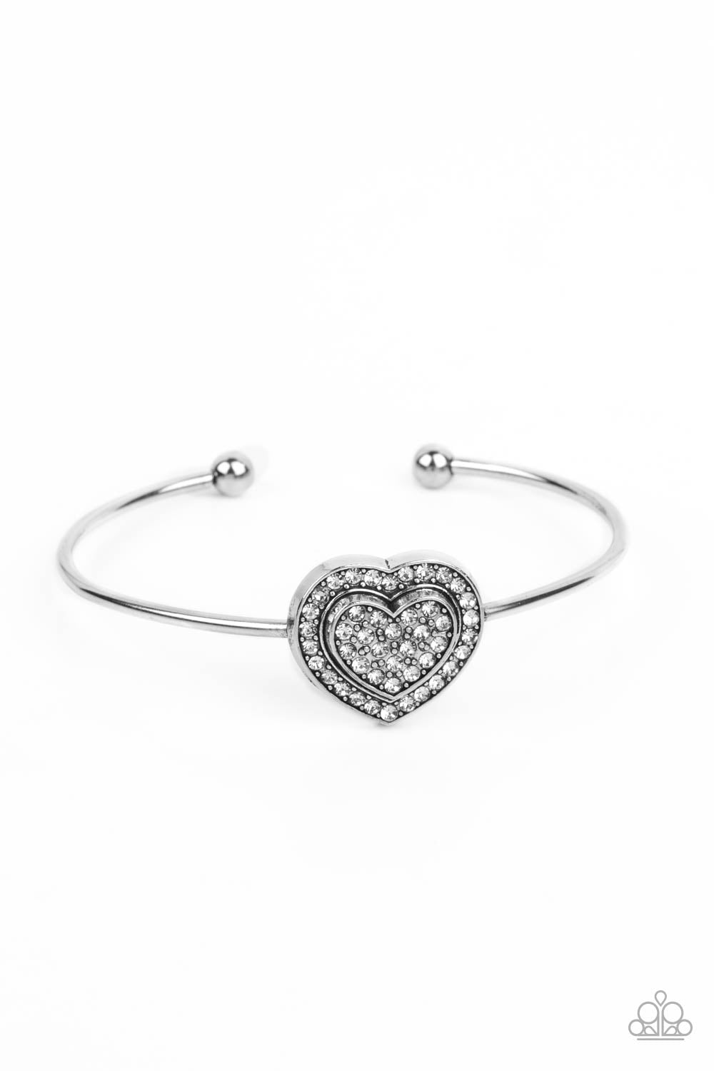 Stunning Soulmates - White Rhinestone Silver Heart Cuff Bracelet