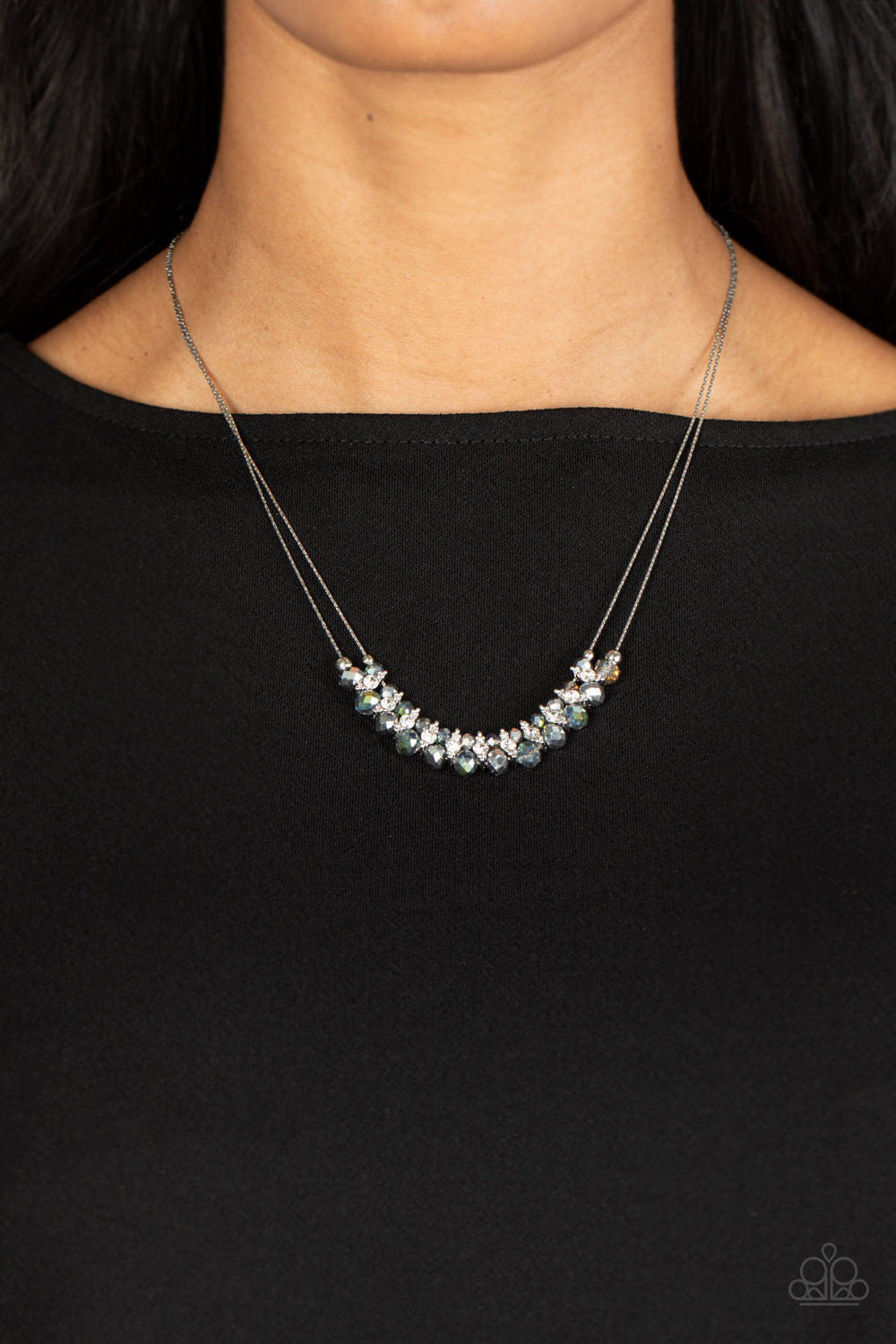 Shimmering High Society - Silver Oil Spill Iridescent Crystal Layered Short Necklace
