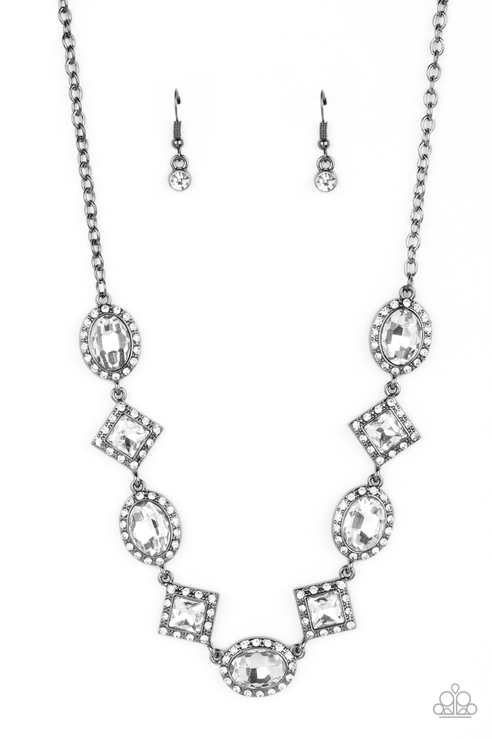 Diamond of the Season - Black Gunmetal Square and Oval White Gem Short Necklace