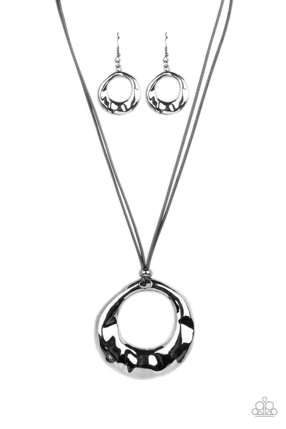 Tectonic Treasure - Black Cord Gunmetal Circle Medium Length Necklace