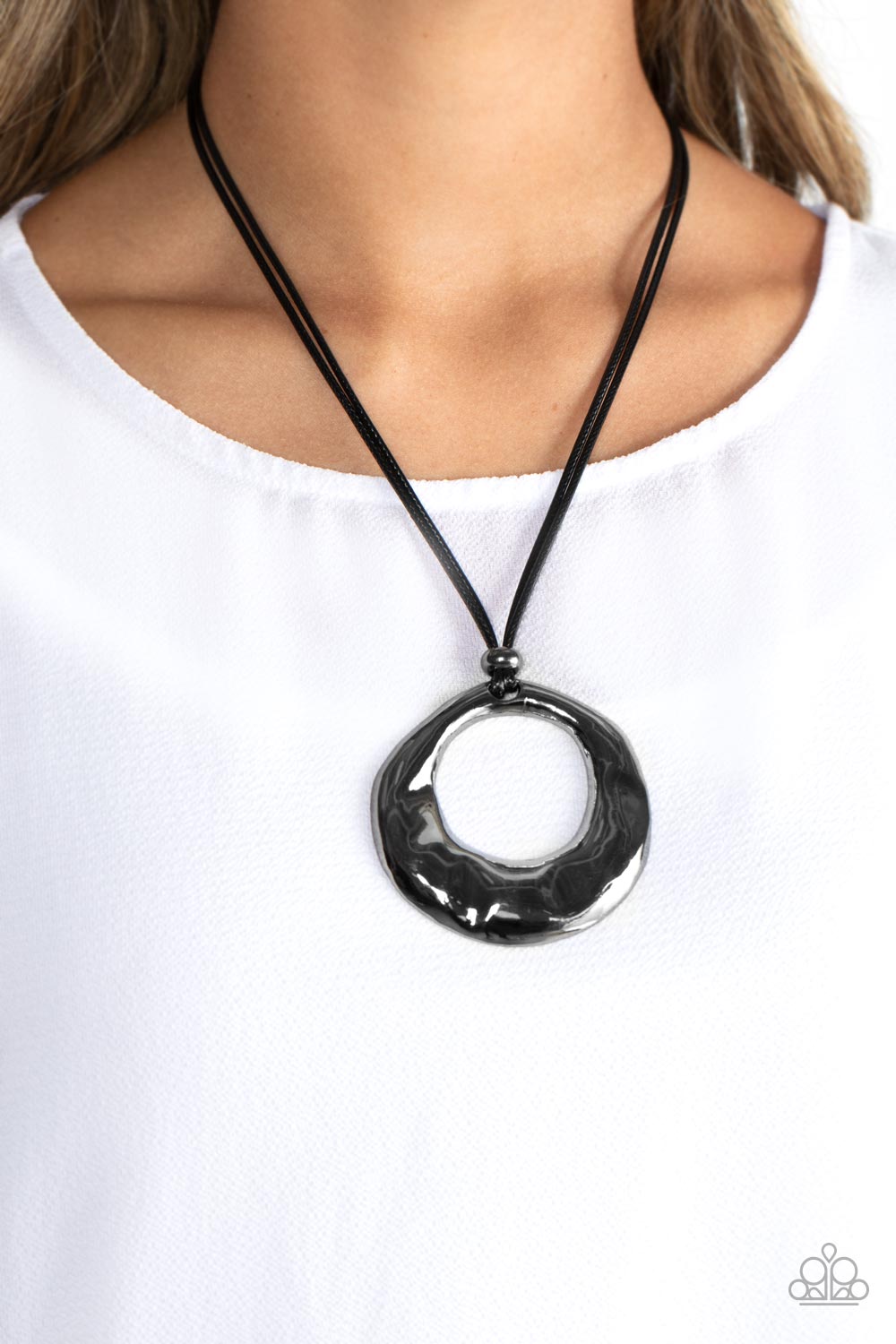 Tectonic Treasure - Black Cord Gunmetal Circle Medium Length Necklace