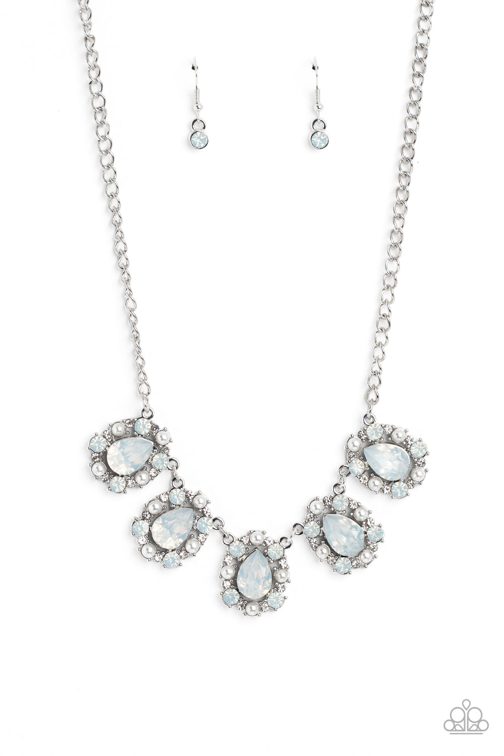 Pearly Pond - White Opalescent Gem Rhinestone Silver Short Necklace
