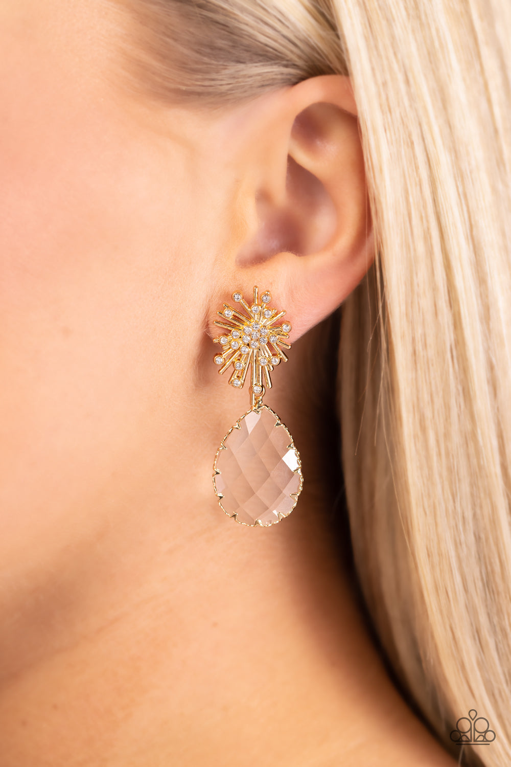 Stellar Shooting Star - Gold with White Rhinestones Teardrop Gem Post Earrings