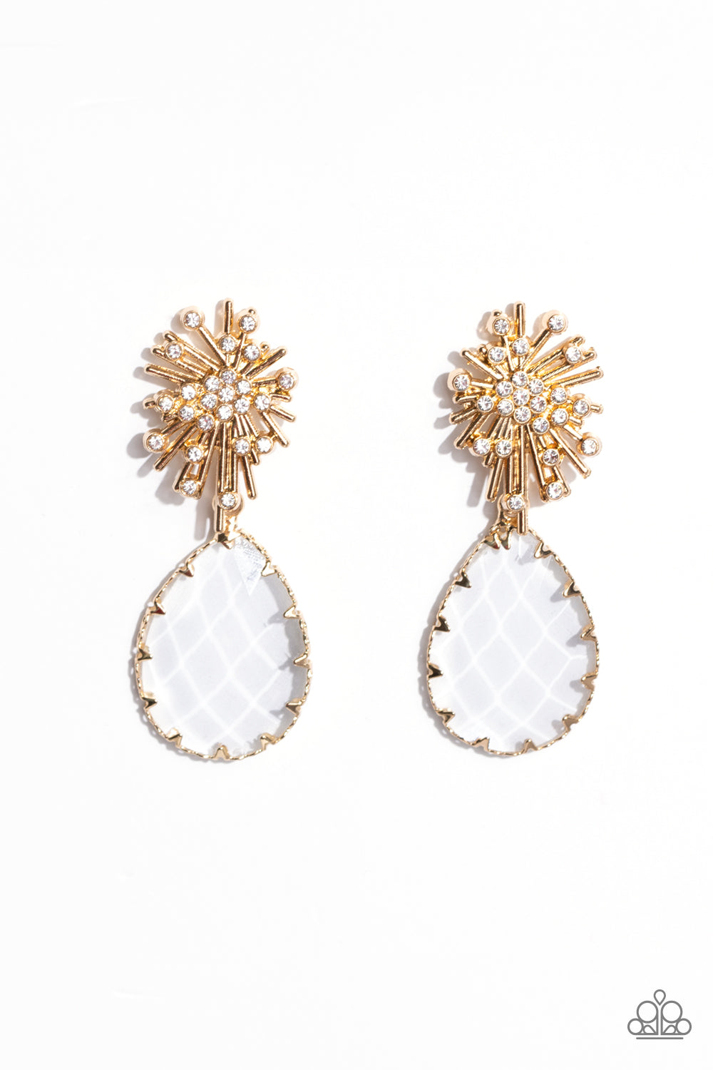 Stellar Shooting Star - Gold with White Rhinestones Teardrop Gem Post Earrings