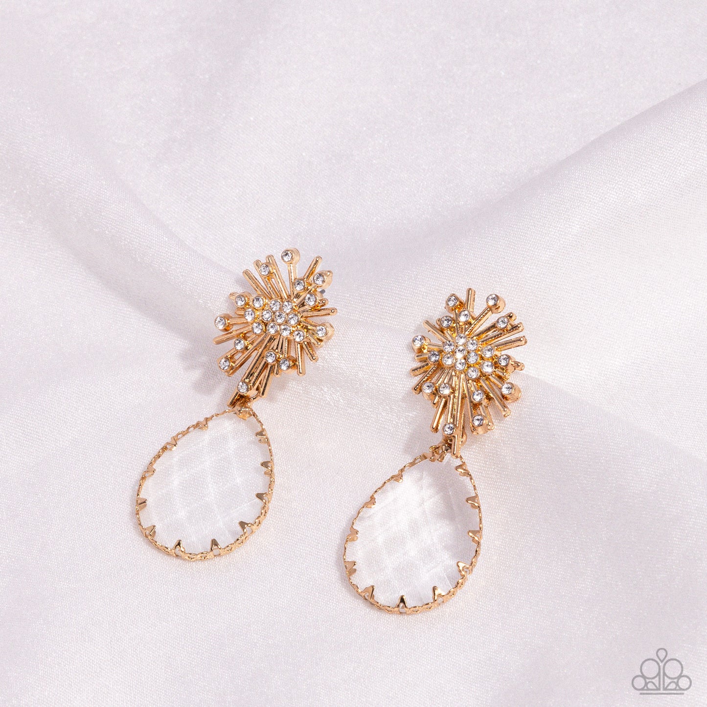 Stellar Shooting Star - Gold with White Rhinestones Teardrop Gem Post Earrings