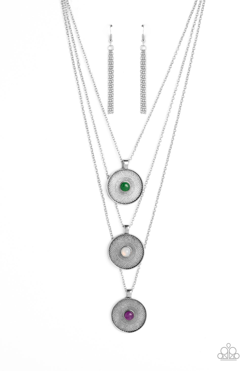 Geographic Grace - Purple, White and Jade Stone Medallion Silver Medium-Length Necklace