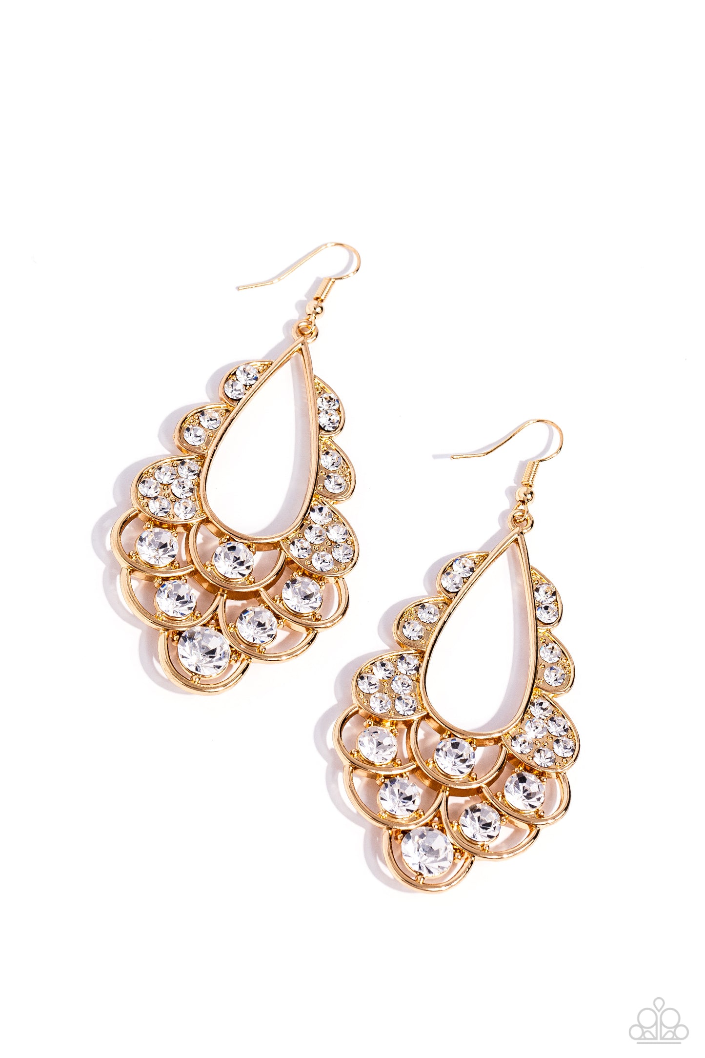 Majestic Masquerade - Gold with White Gem Rhinestone Fishhook Earrings