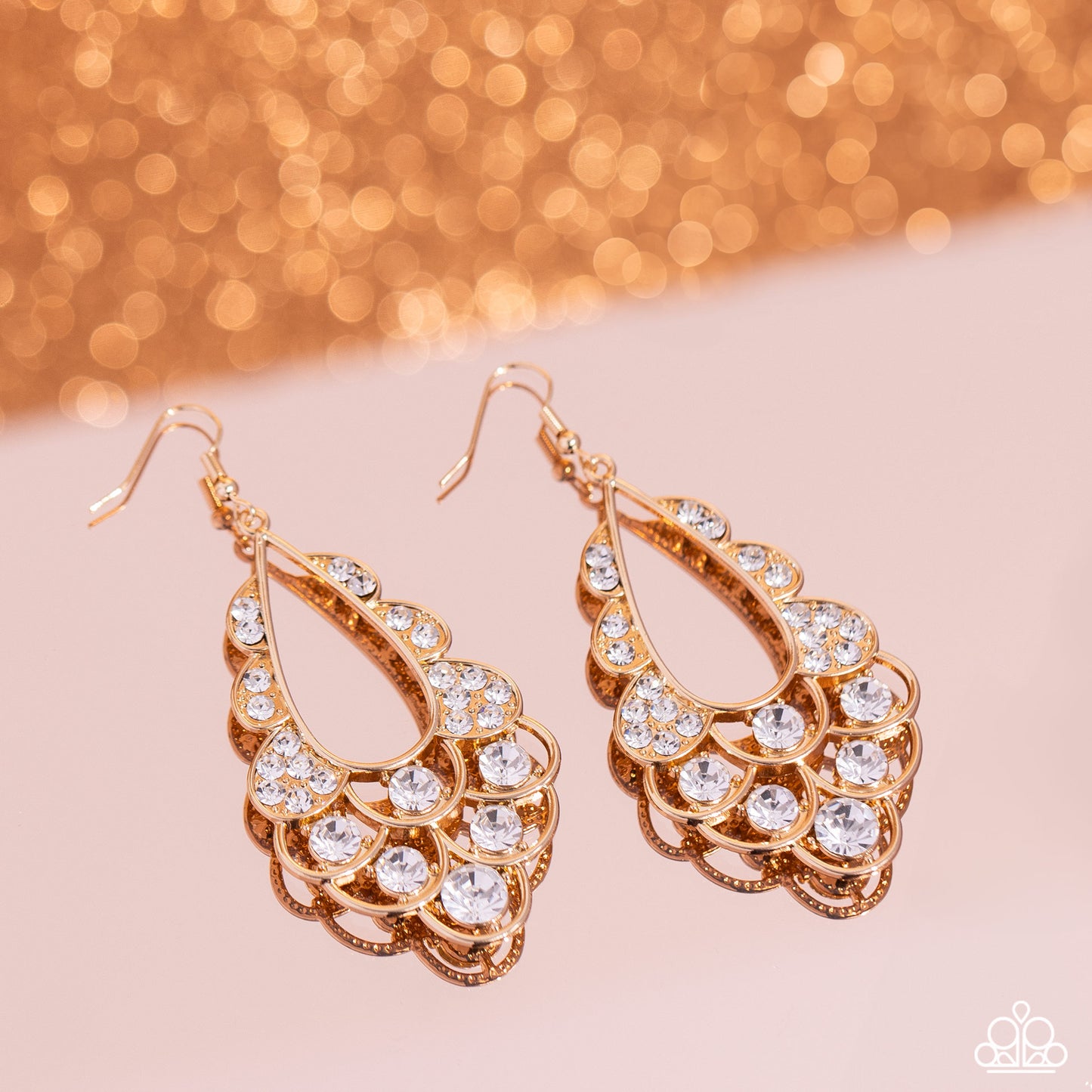 Majestic Masquerade - Gold with White Gem Rhinestone Fishhook Earrings