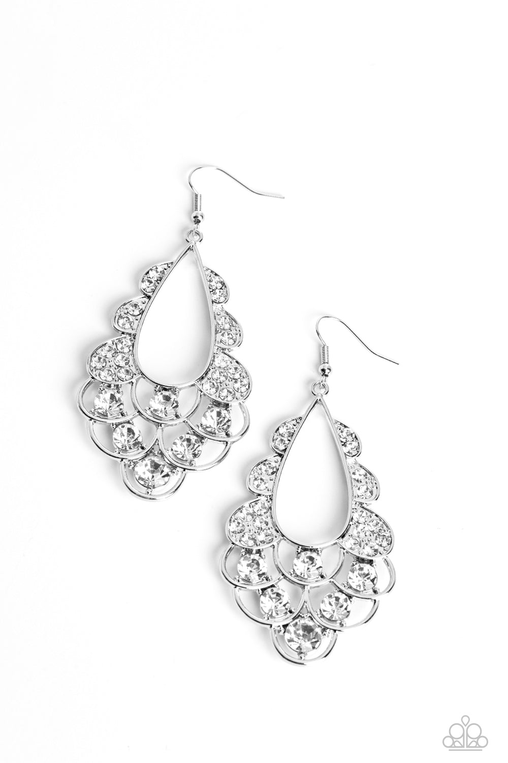 Majestic Masquerade - White Gem Rhinestone Silver Fishhook Earrings