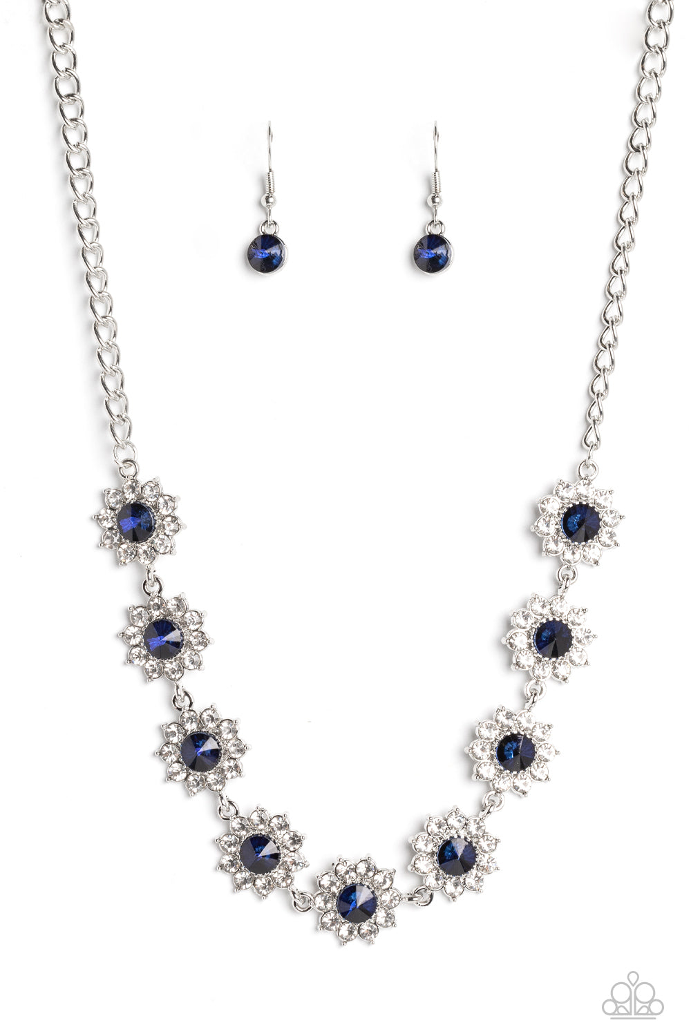 Blooming Brilliance - Blue and White Rhinestone Silver Short Necklace