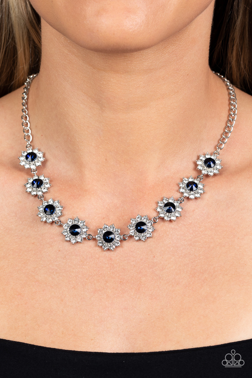 Blooming Brilliance - Blue and White Rhinestone Silver Short Necklace