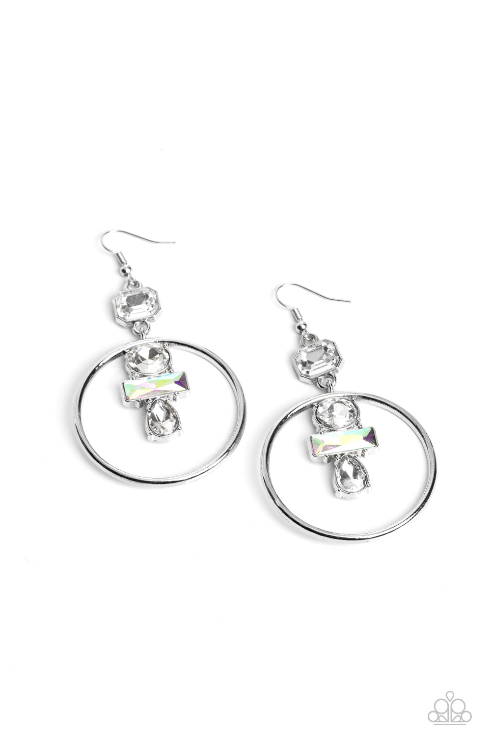 Geometric Glam - White and Iridescent Gem Silver Fishhook Earrings