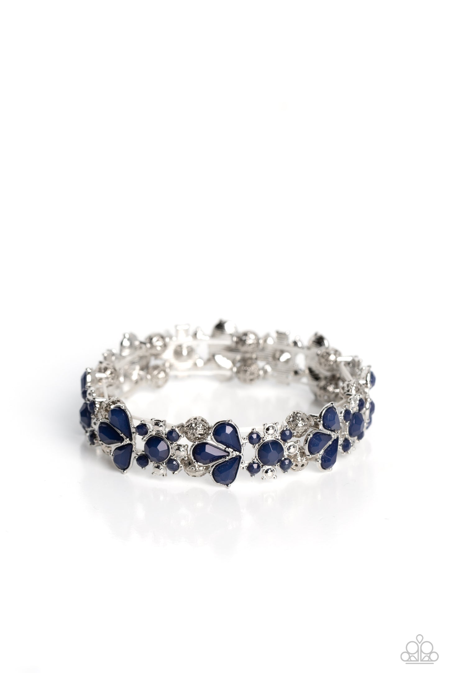 Teasing Torrent - Blue Bead Rhinestone Silver Stretchy Bracelet
