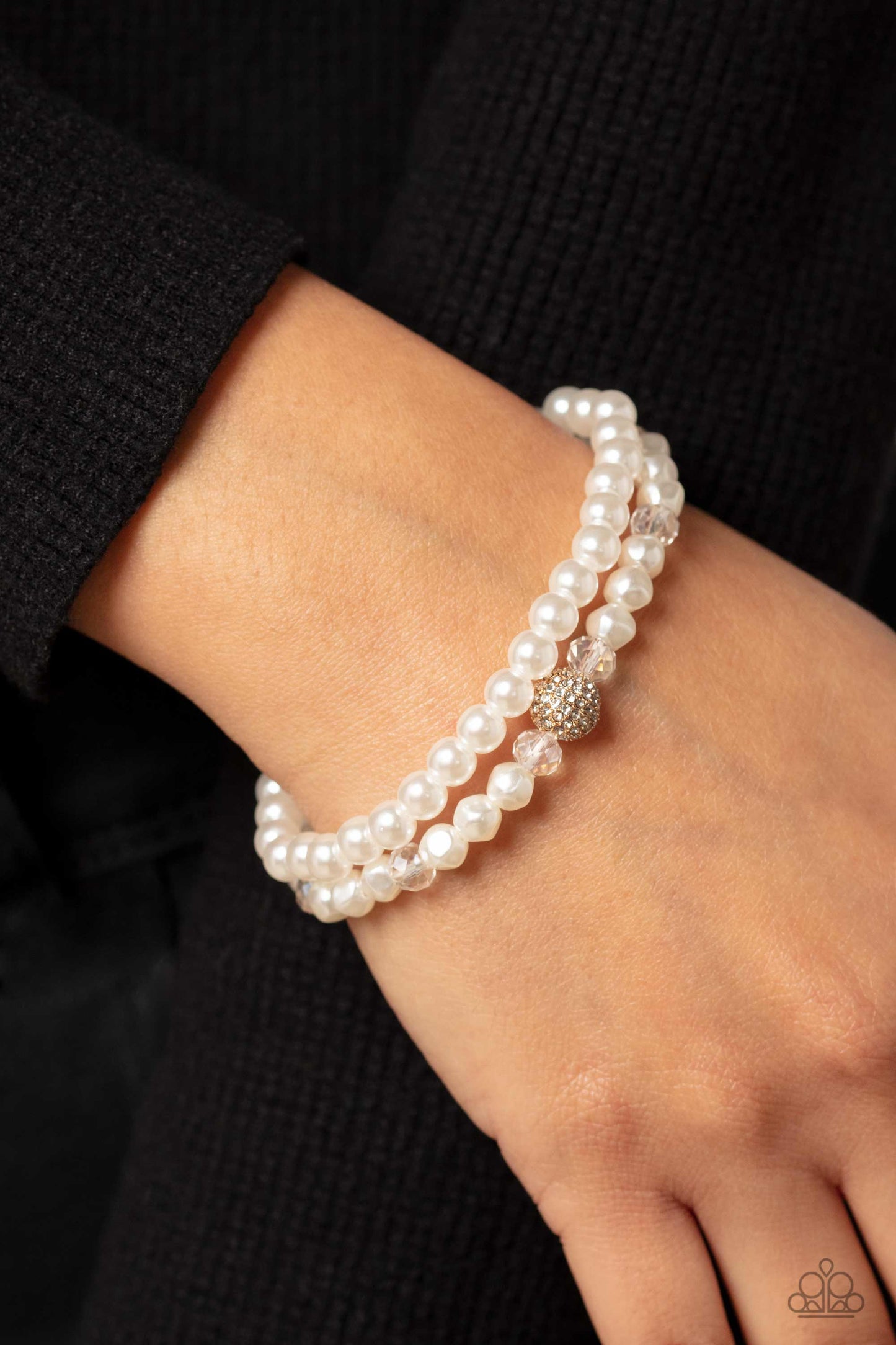 Countess Cutie - Gold Rhinestone White Pearl Stretchy Bracelet