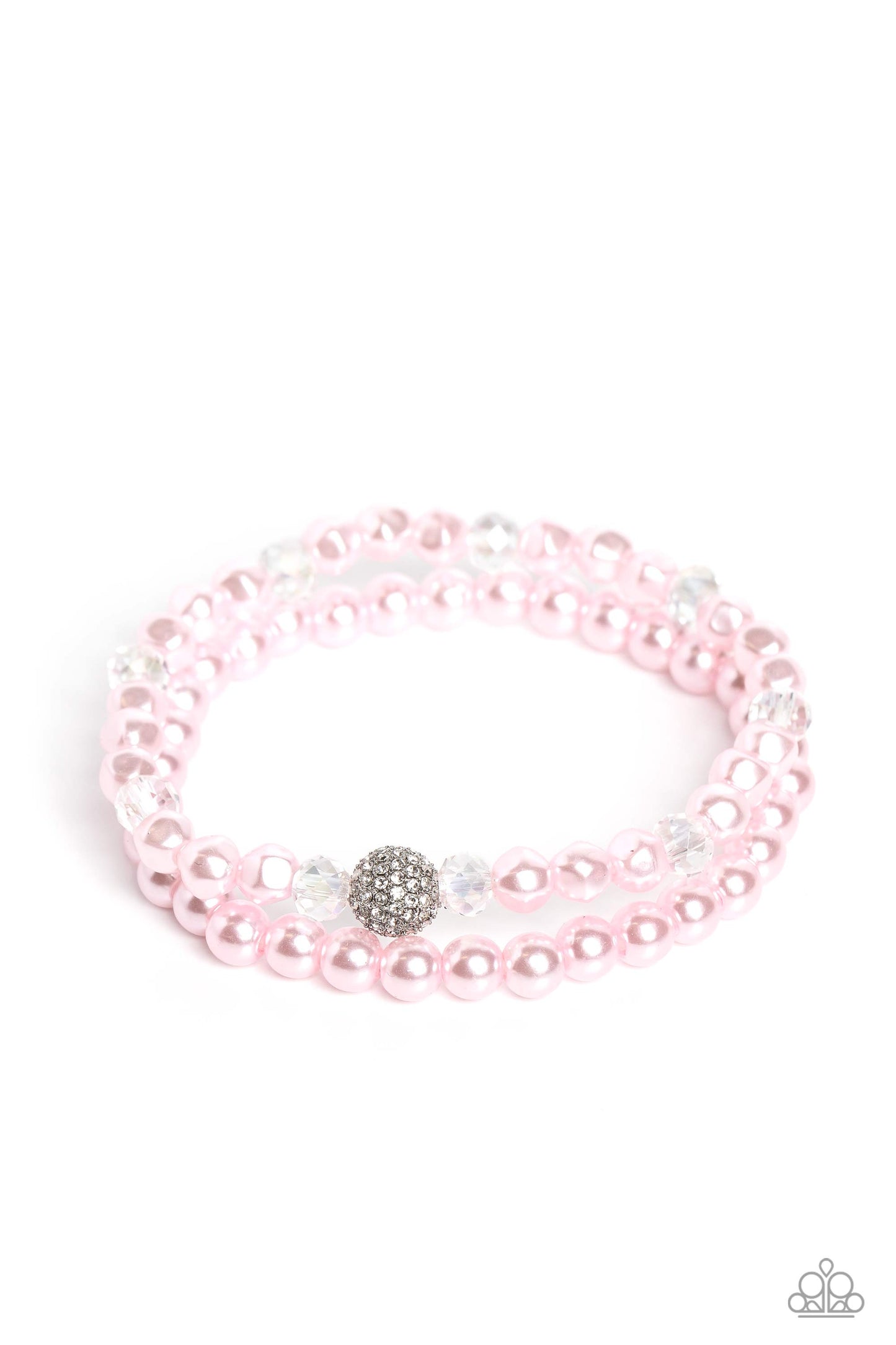 Countess Cutie - White and Silver Rhinestone, Pink Pearl, Clear Bead, Stretchy Bracelet