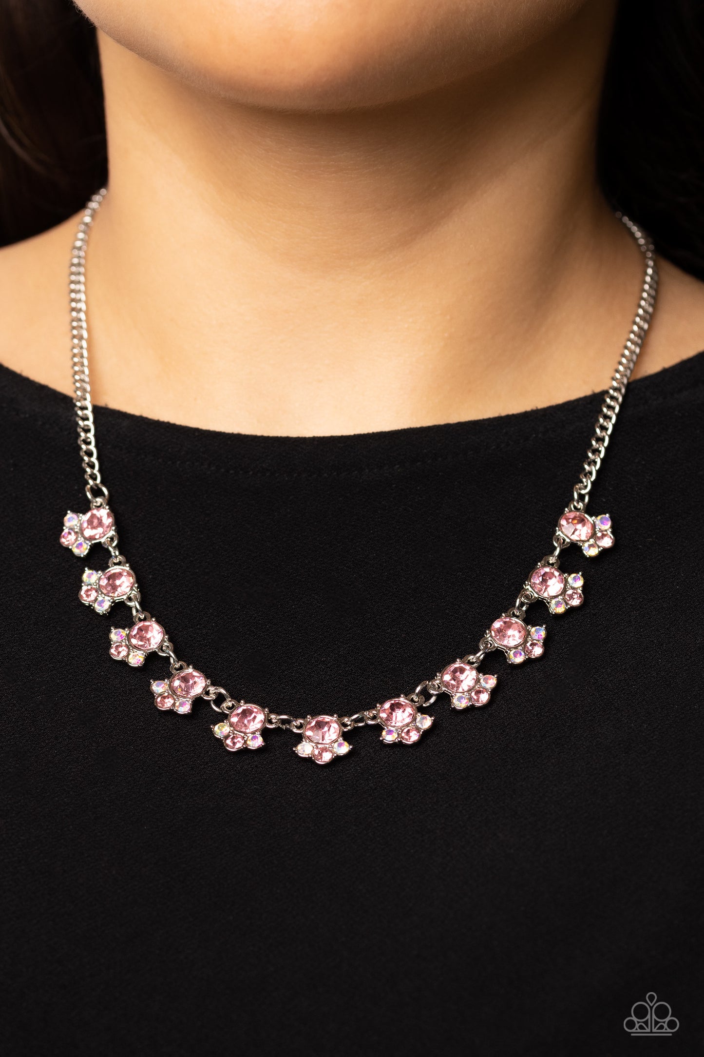 Tabloid Treasure - Pink and Mermaid Iridescent Rhinestone Silver Short Necklace