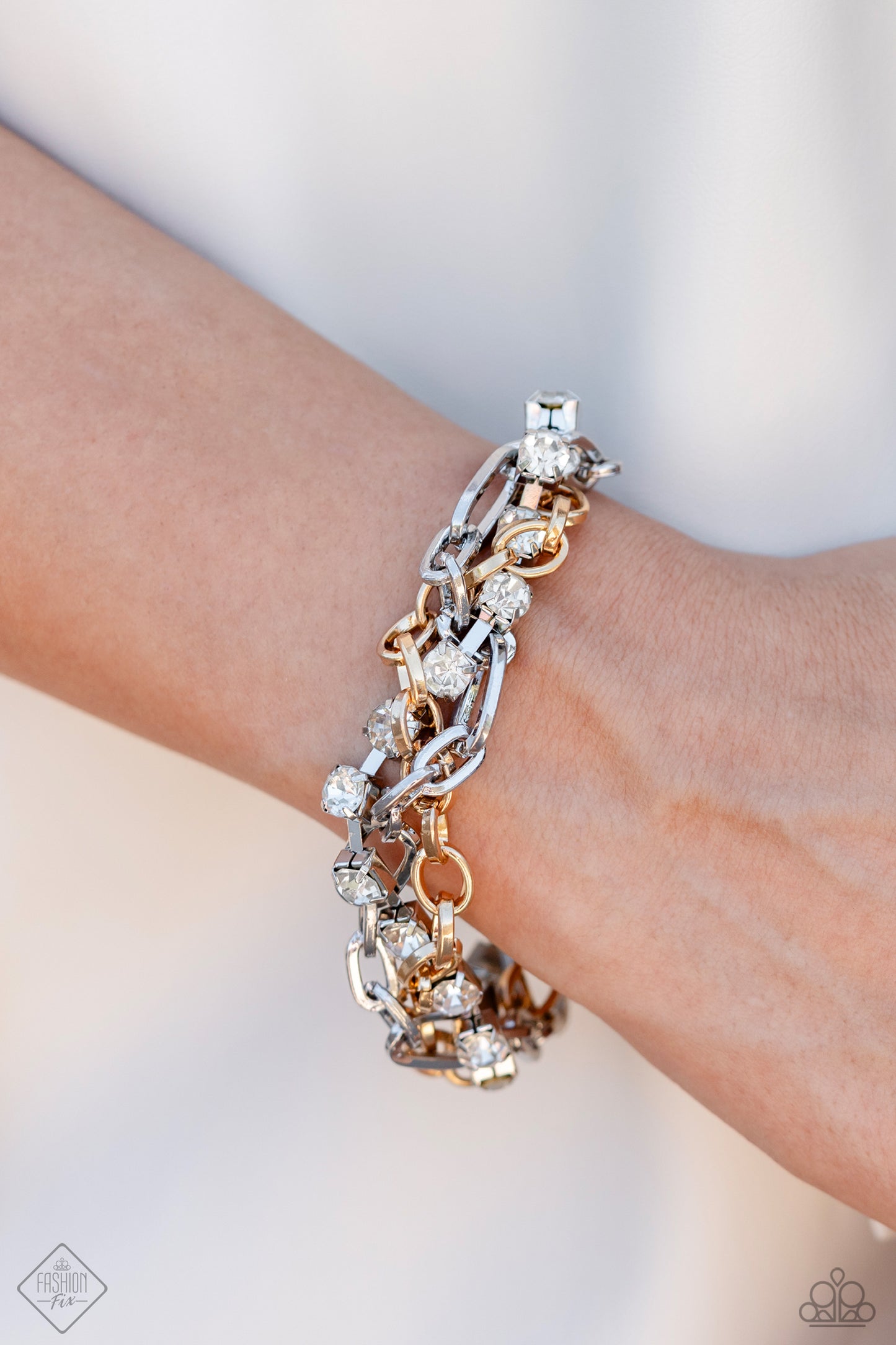 Two-Tone Taste - Multi Silver Gold Chain Rhinestone Clasp Bracelet - Fashion Fix