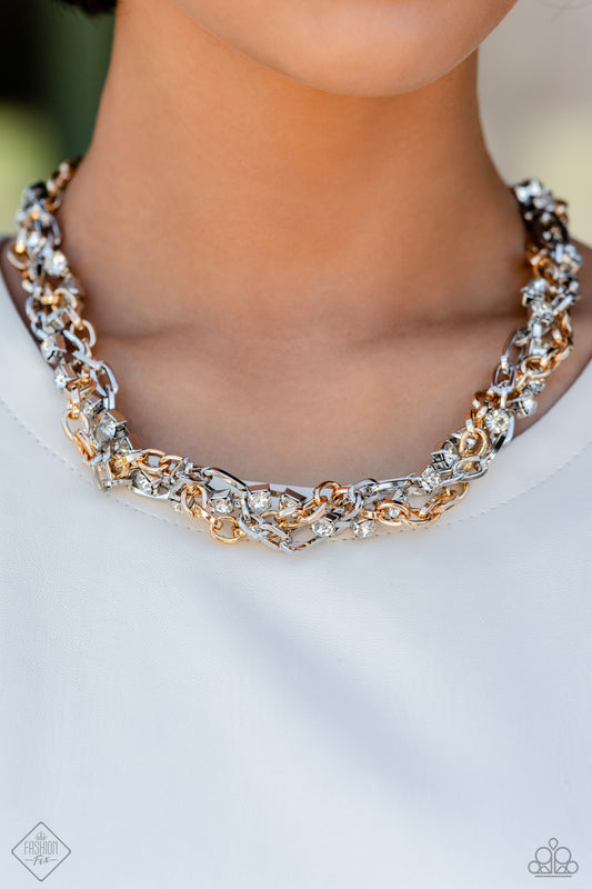 Totally Two-Toned - Multi Silver Gold Chain Rhinestone Short Necklace - Fashion Fix