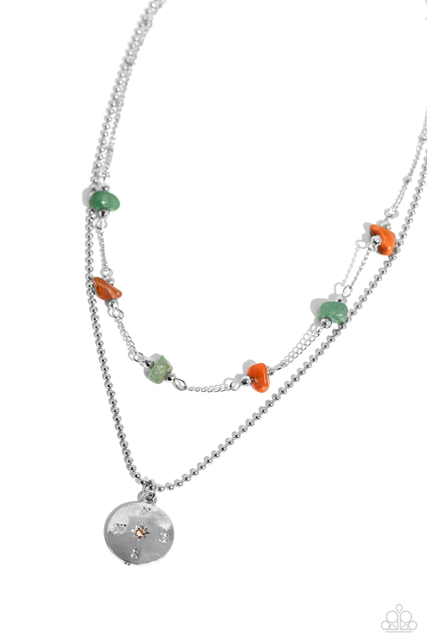 Sense of Direction - Green Jade and Orange Stone Silver Compass Layered Short Necklace