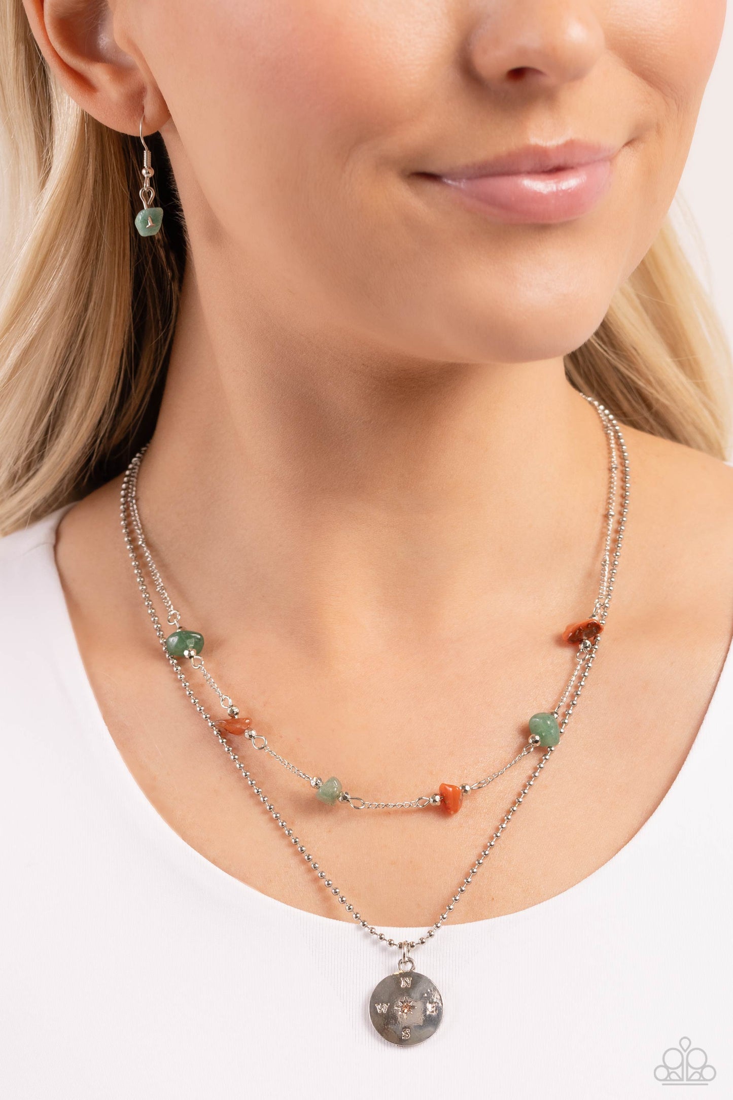Sense of Direction - Green Jade and Orange Stone Silver Compass Layered Short Necklace