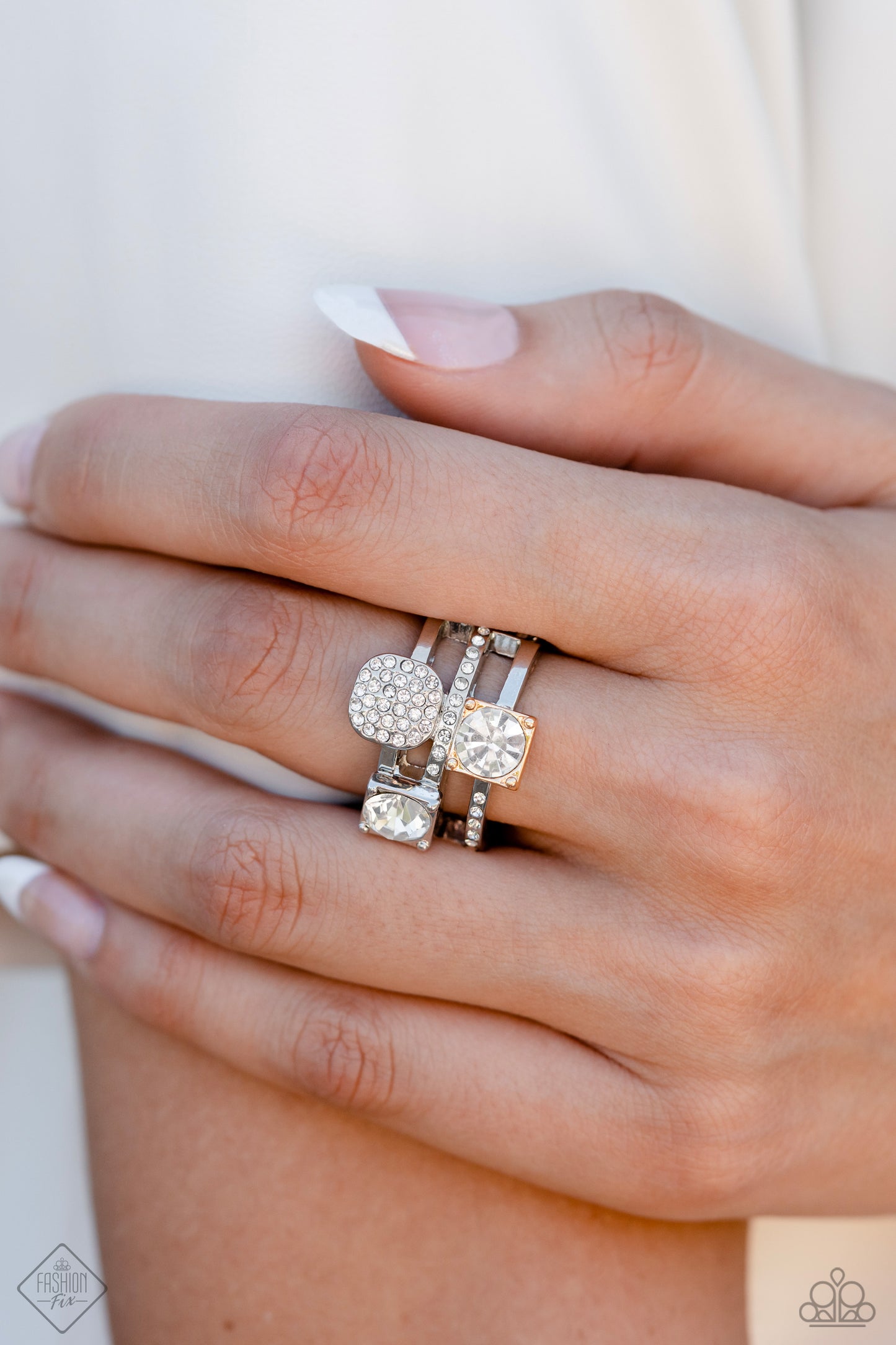Tailored Two-Tone - Multi Silver and Gold White Gem Ring - Fashion Fix
