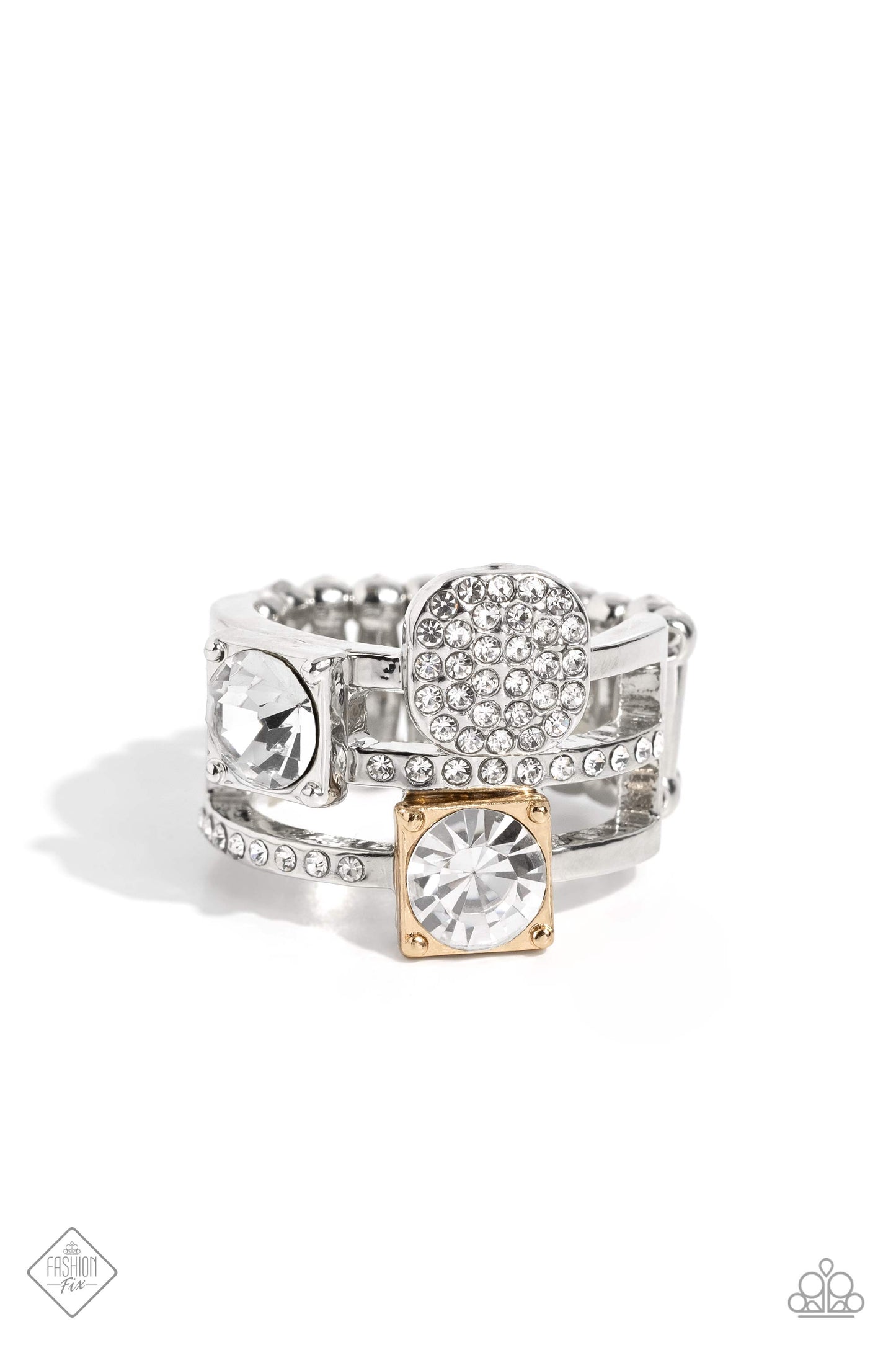 Tailored Two-Tone - Multi Silver and Gold White Gem Ring - Fashion Fix