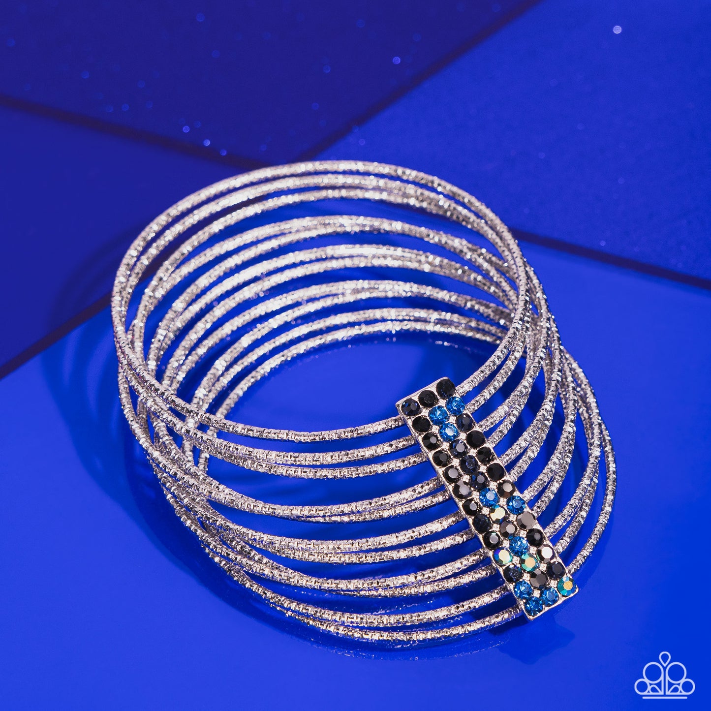 Shimmery Silhouette - Multi Blue Black Iridescent Rhinestone Silver Stack Bangle Bracelet