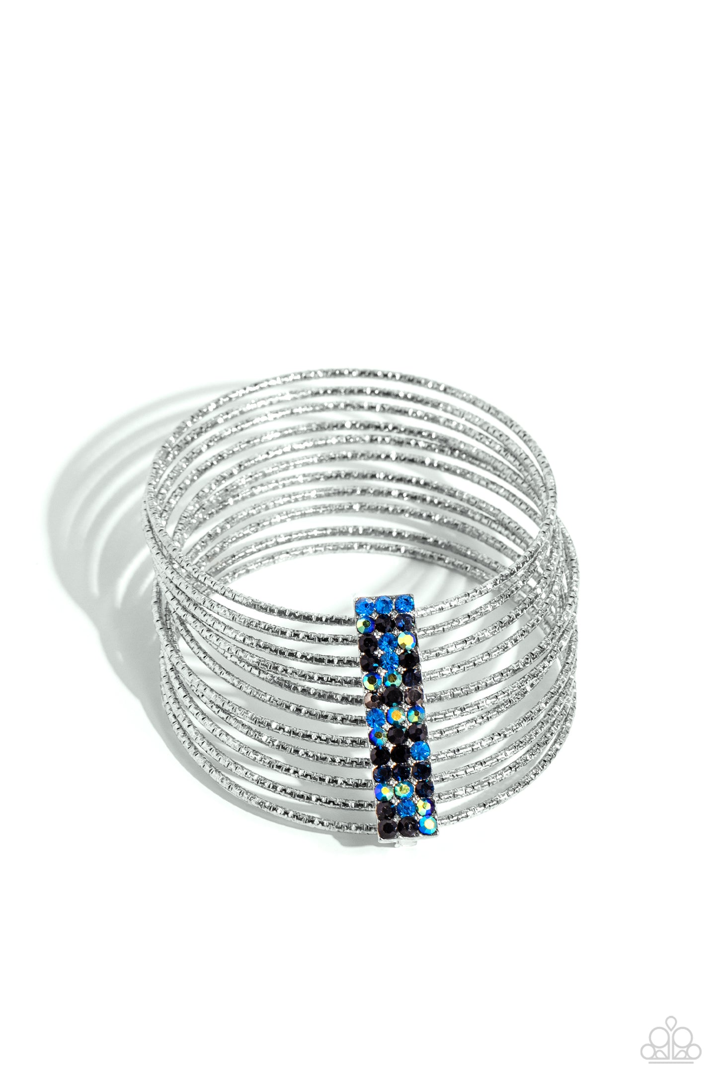 Shimmery Silhouette - Multi Blue Black Iridescent Rhinestone Silver Stack Bangle Bracelet
