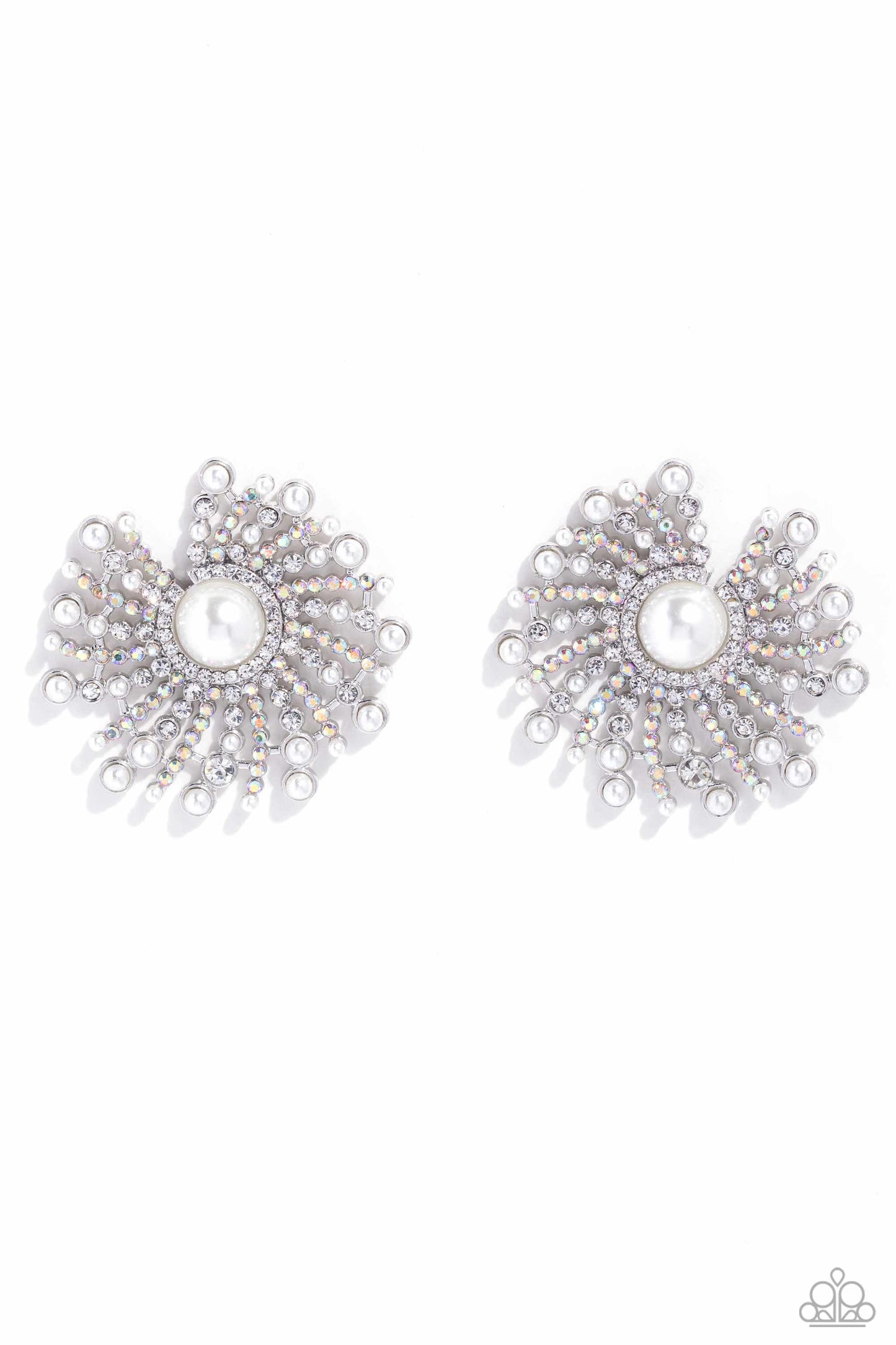 Fancy Fireworks - White Rhinestone and Pearl Swirl Post Earrings - Life of the Party