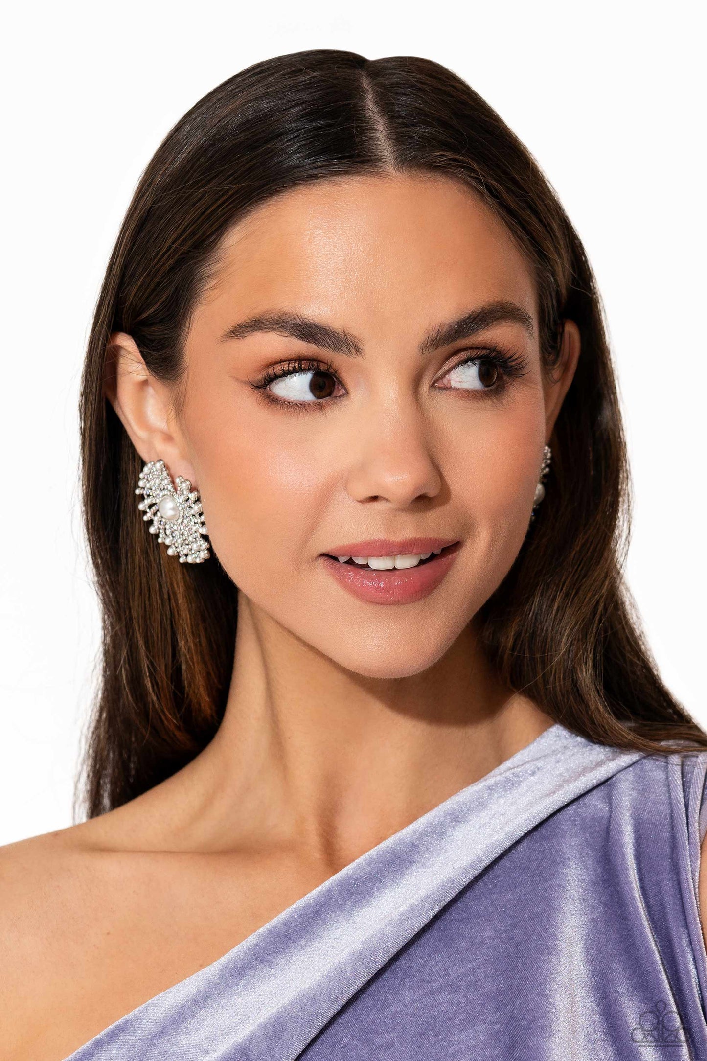 Fancy Fireworks - White Rhinestone and Pearl Swirl Post Earrings - Life of the Party