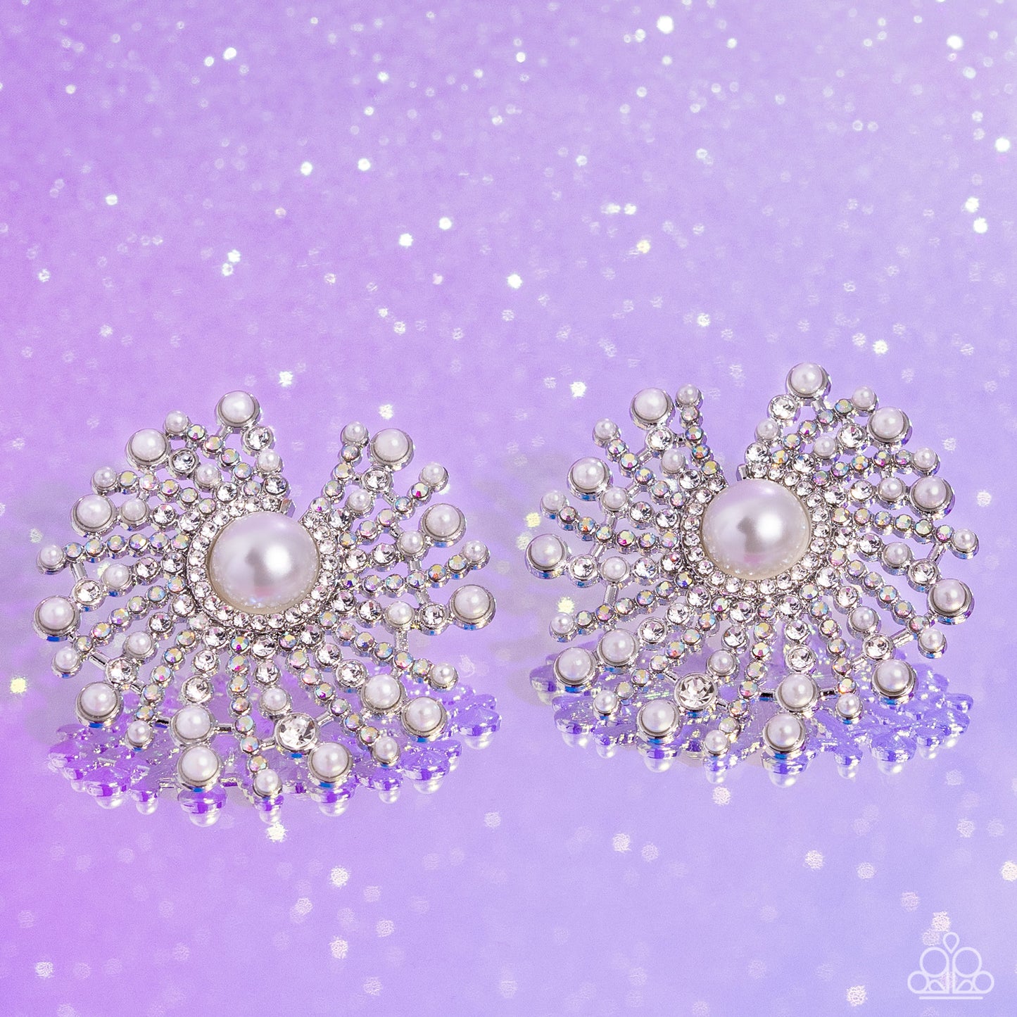 Fancy Fireworks - White Rhinestone and Pearl Swirl Post Earrings - Life of the Party
