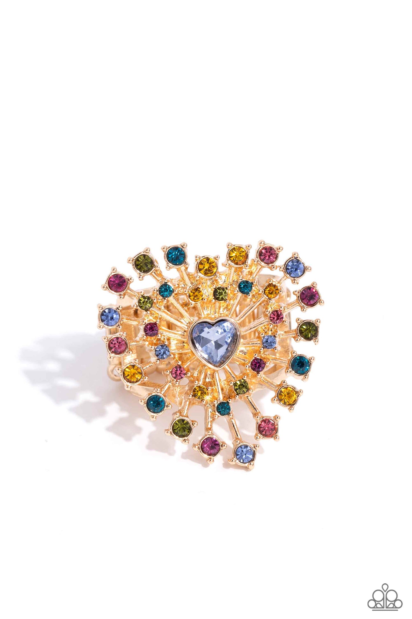 Bewitching Beau - Multi Color Rhinestone Gold Heart Ring - Life of the Party