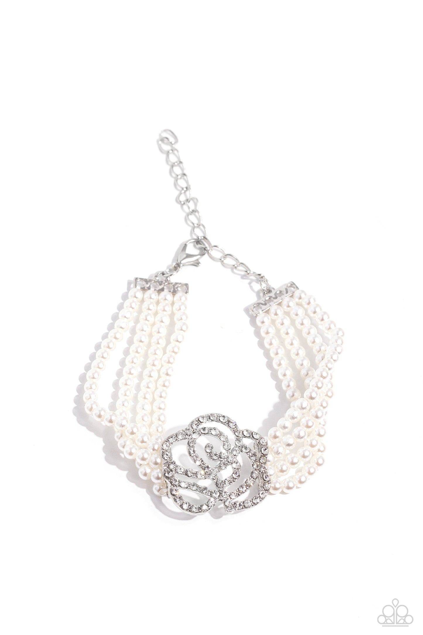 Regal Rose - White Rhinestone Flower Pearl Silver Clasp Bracelet