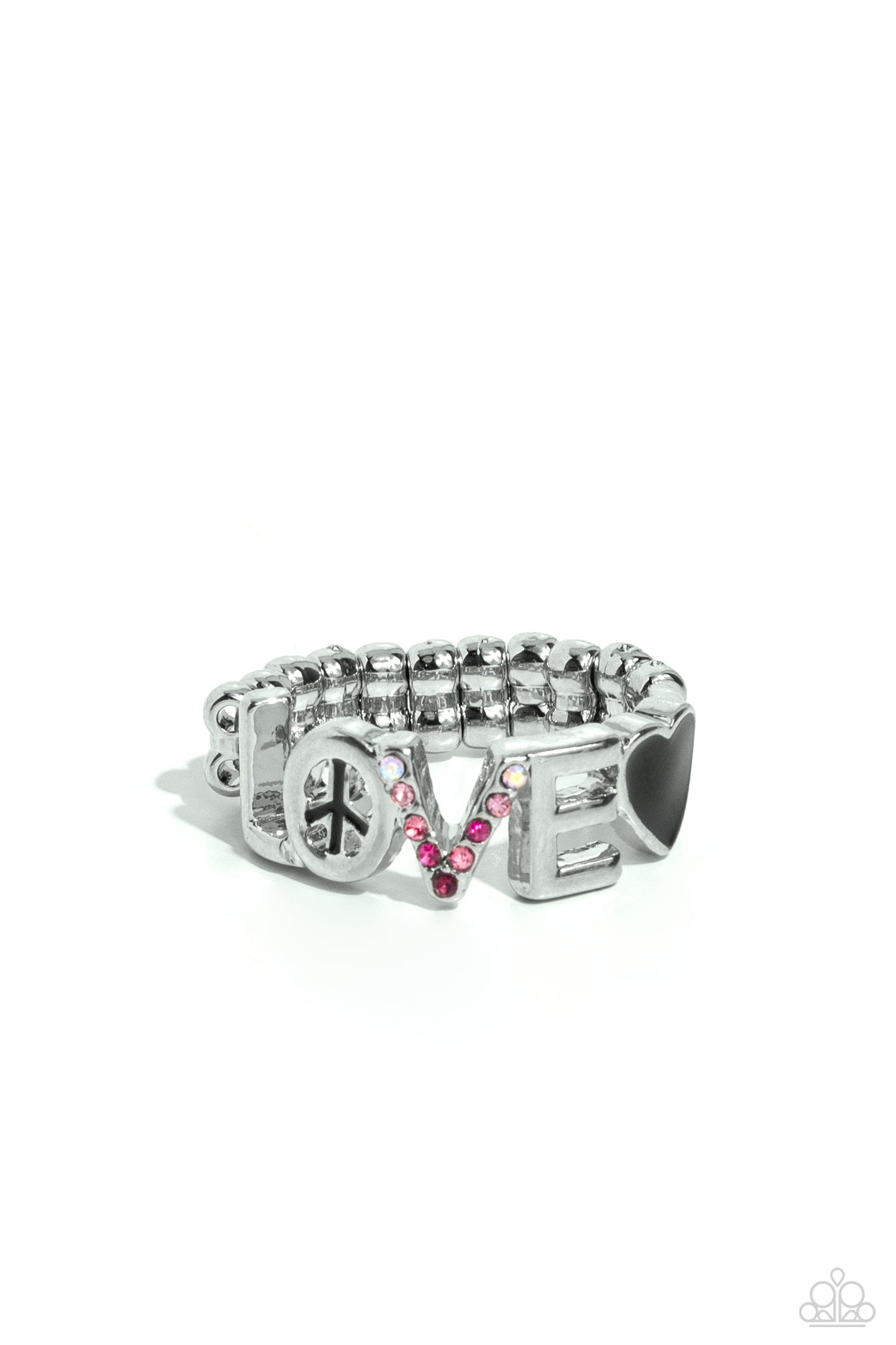Unlimited Love - Black Heart Pink Iridescent Rhinestone LOVE Silver Inspirational Ring