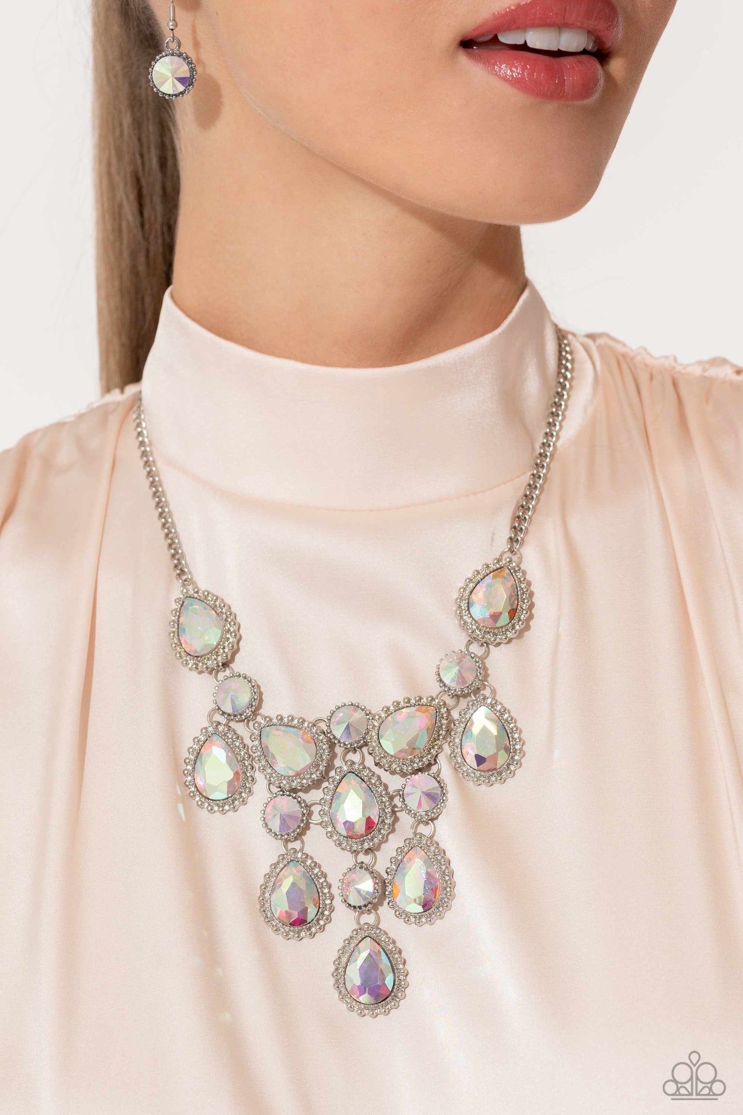 Dripping in Dazzle - Multi Iridescent Gem Silver Short Necklace - Life of the Party