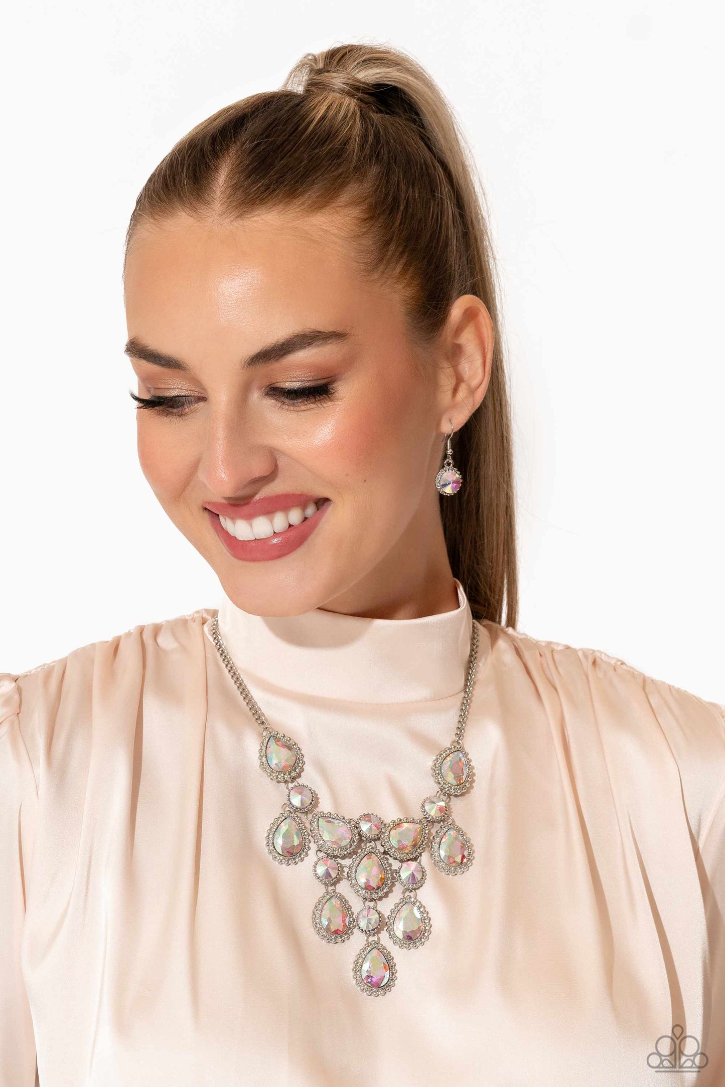 Dripping in Dazzle - Multi Iridescent Gem Silver Short Necklace - Life of the Party