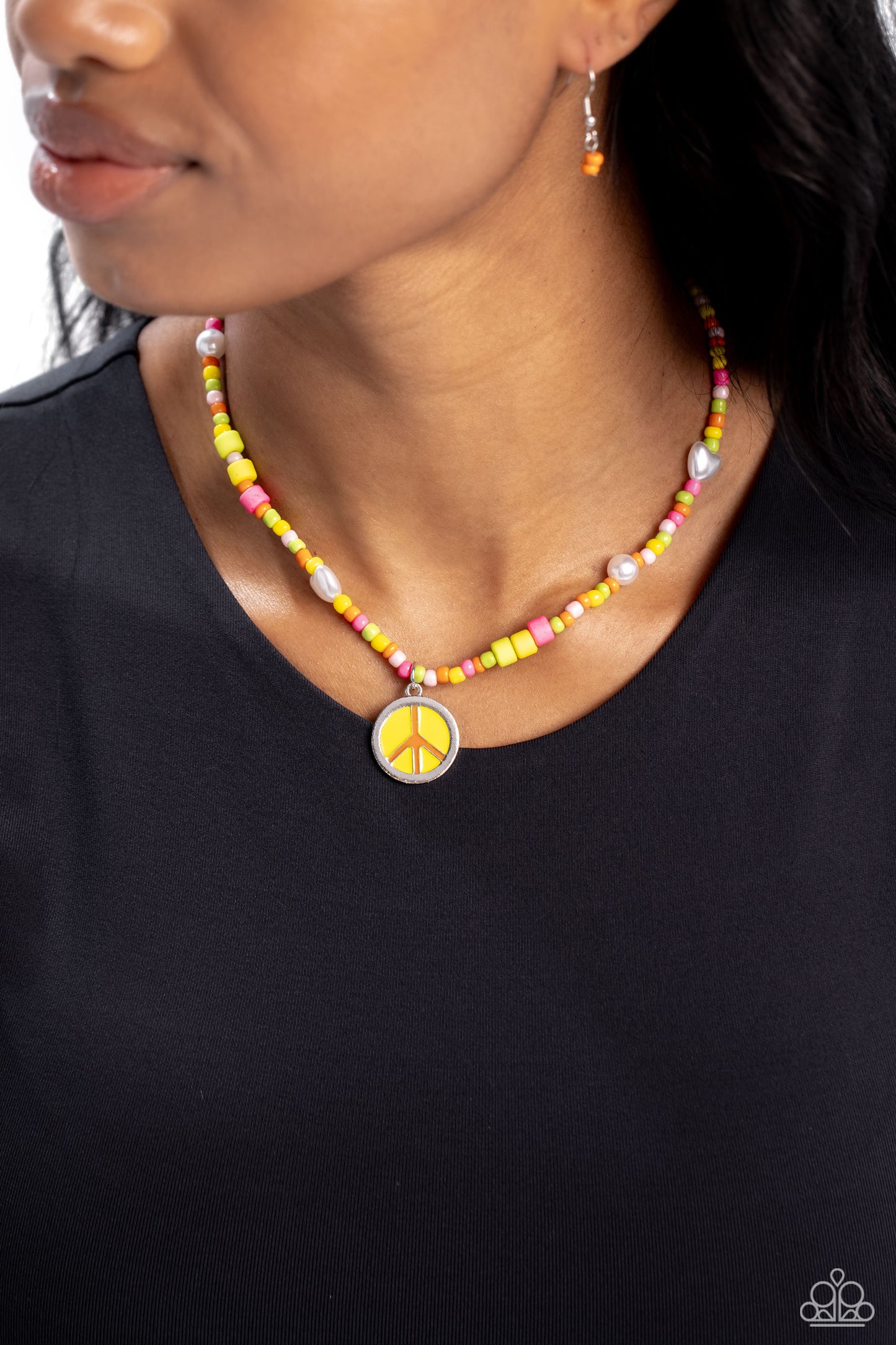 Pearly Possession - Multi Color Seed Bead White Pearl Peace Sign Short Necklace
