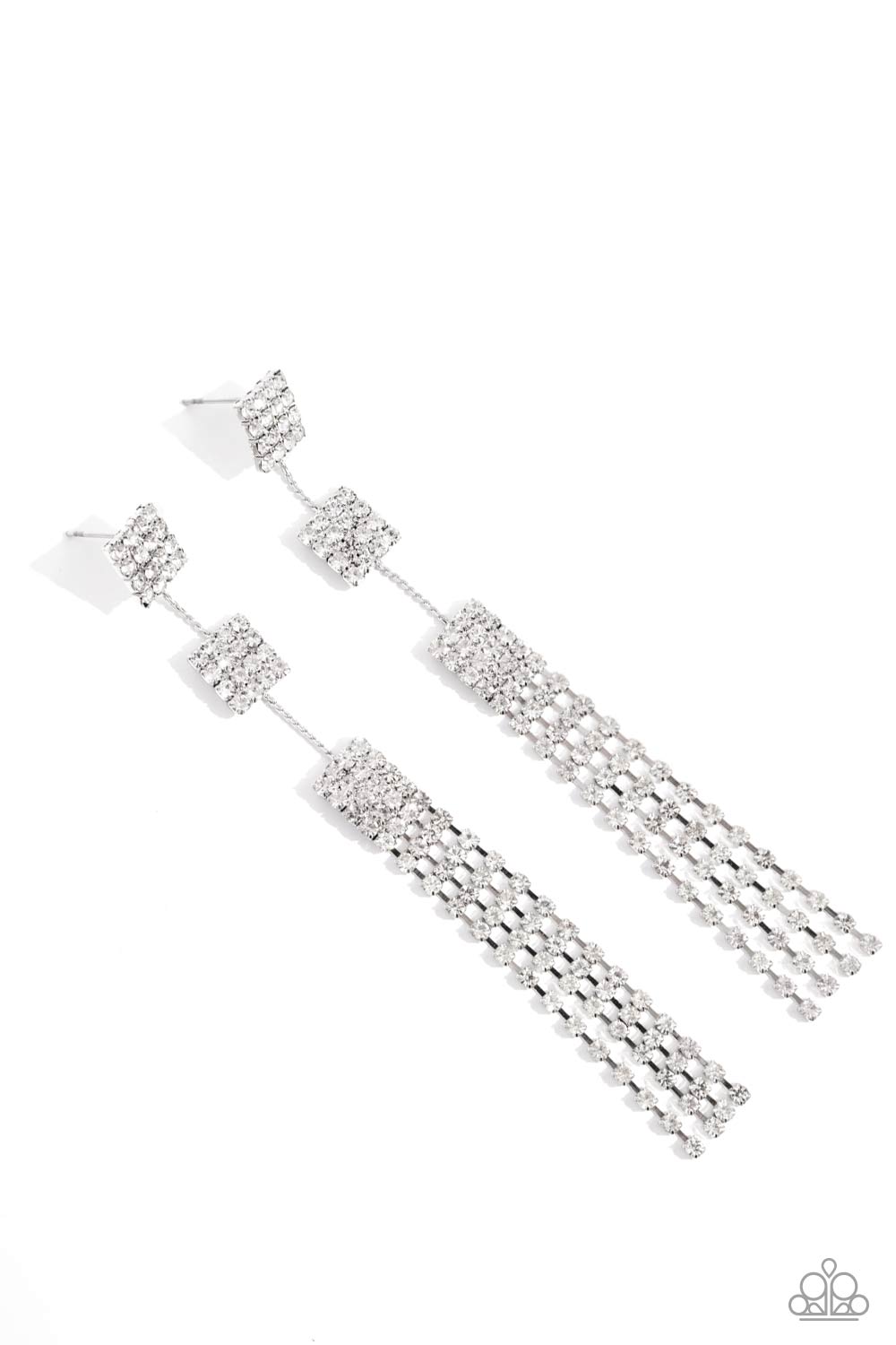 Fiercely Free-Falling - White Rhinestone Silver Tassel Post Earrings