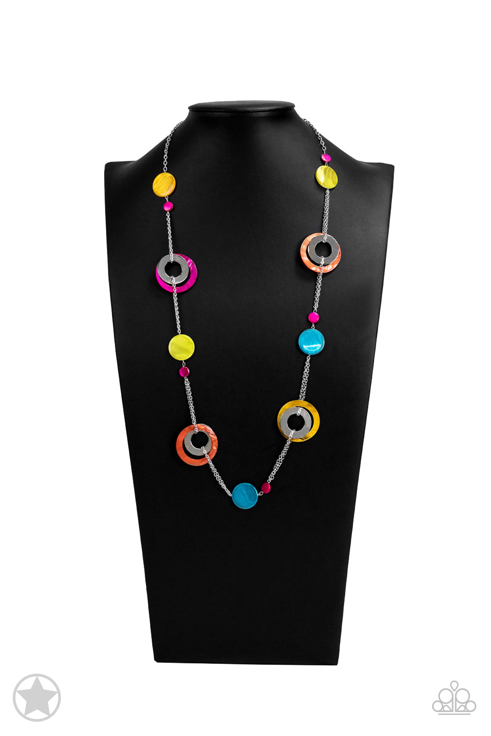 Kaleidoscopically Captivating - Multi Yellow Orange and Pink Acrylic Disc Long Silver Necklace