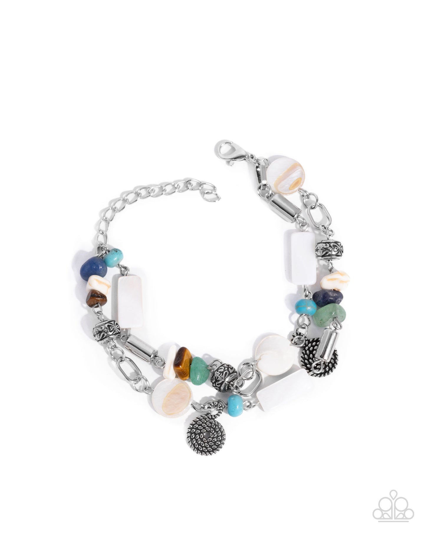Sentimental Statement - Multi Chiseled Jade, Lapis, Tiger's Eye Stones Turquoise Stone Beads Silver Beads Pendants White Shells Silver Clasp Bracelet