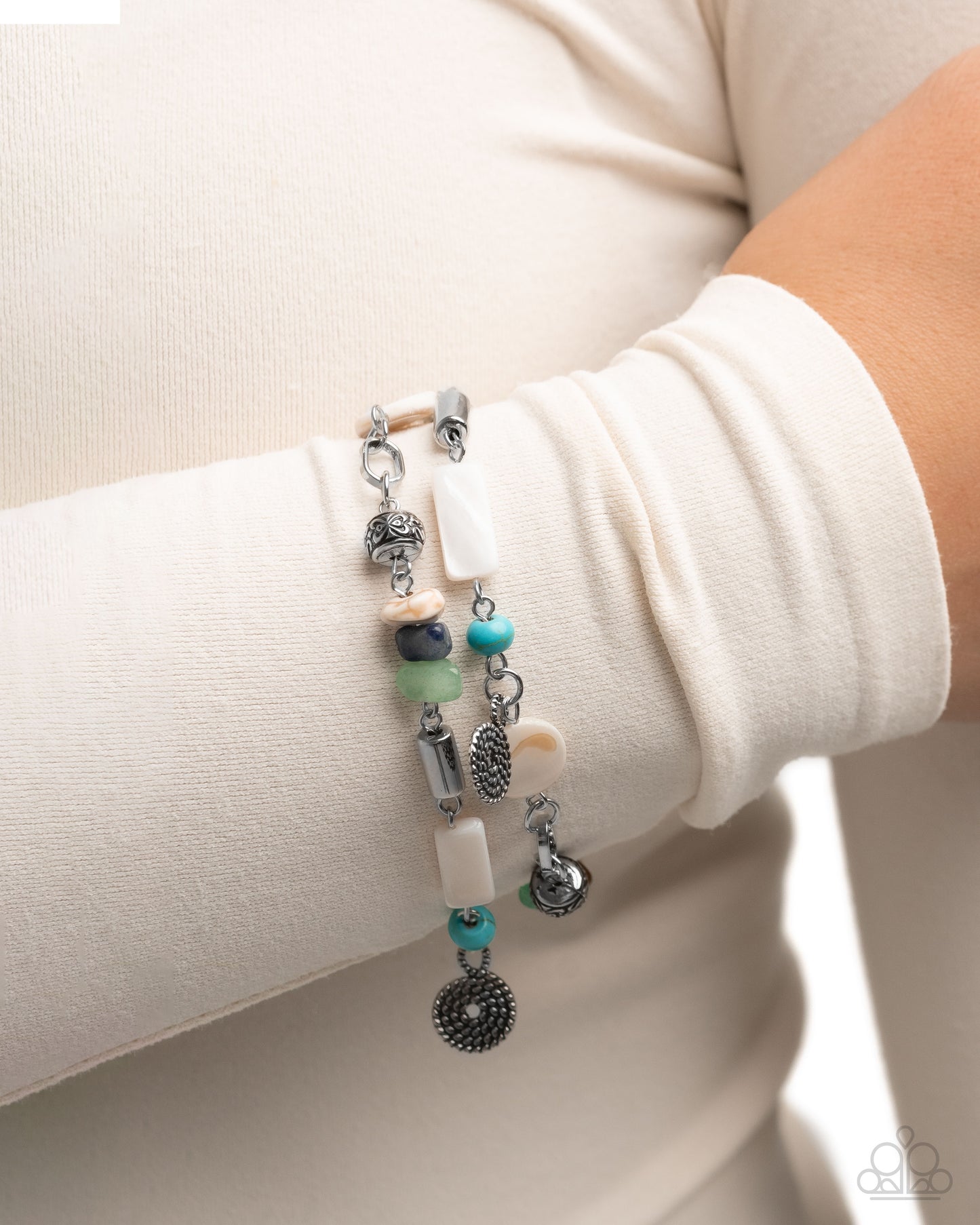 Sentimental Statement - Multi Chiseled Jade, Lapis, Tiger's Eye Stones Turquoise Stone Beads Silver Beads Pendants White Shells Silver Clasp Bracelet
