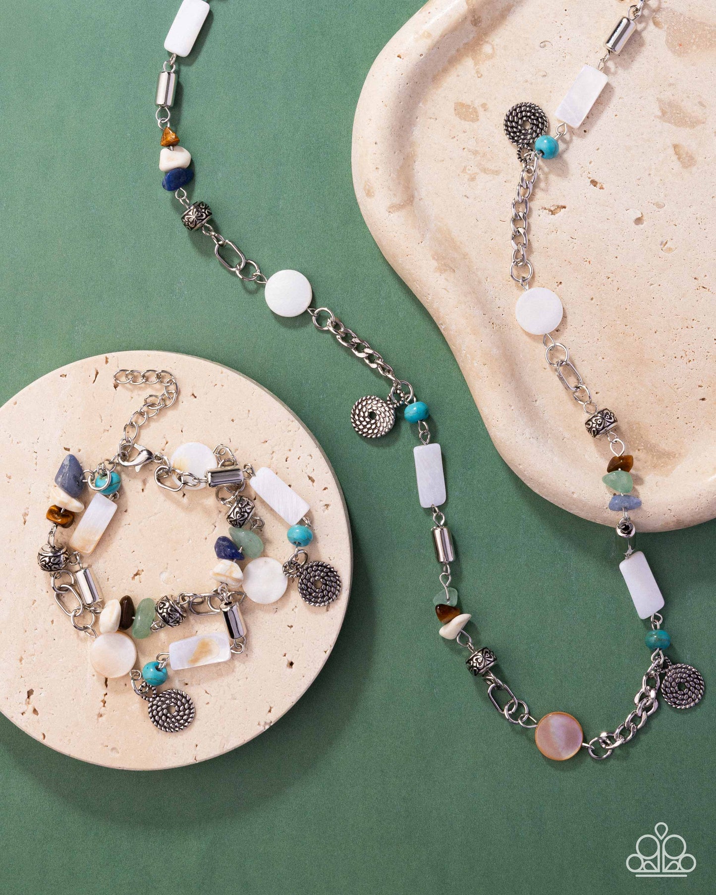 Sentimental Statement - Multi Chiseled Jade, Lapis, Tiger's Eye Stones Turquoise Stone Beads Silver Beads Pendants White Shells Silver Clasp Bracelet