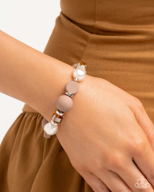 Like-Minded - Brown Beads Silver Discs Topaz Cubes White Pearls Silver Paperclip Chain Stretch Bracelet