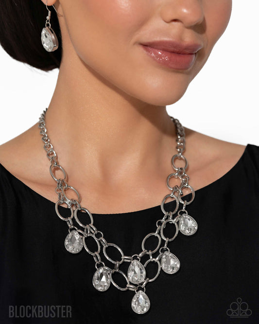 Show-Stopping Shimmer - White Rhinestone Silver Short Necklace - Blockbuster
