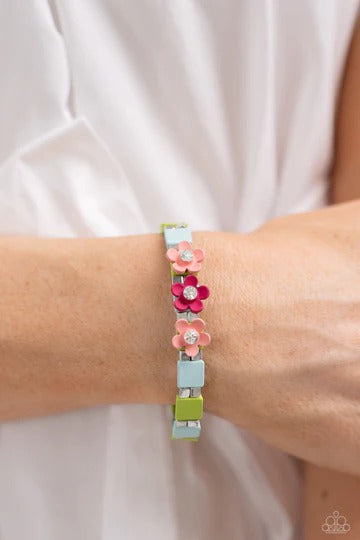 PERFECT MATCH / SET: Sincerely Springtime - Peach Pink and Pink Clay Flower, Green and Blue Stretchy Bracelet AND Strictly Springtime - Peach Pink and Pink Clay Flower White Hoop Post Earrings