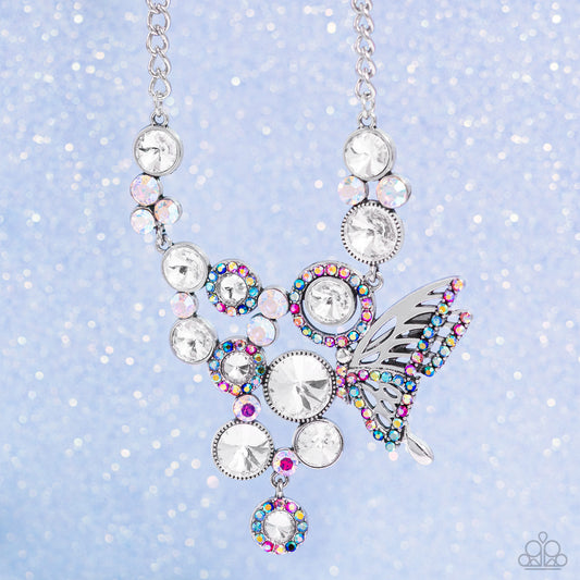 As Luck Would HALF It - Iridescent and White Gems, Rhinestone, and Butterfly Short Silver Necklace Exclusive