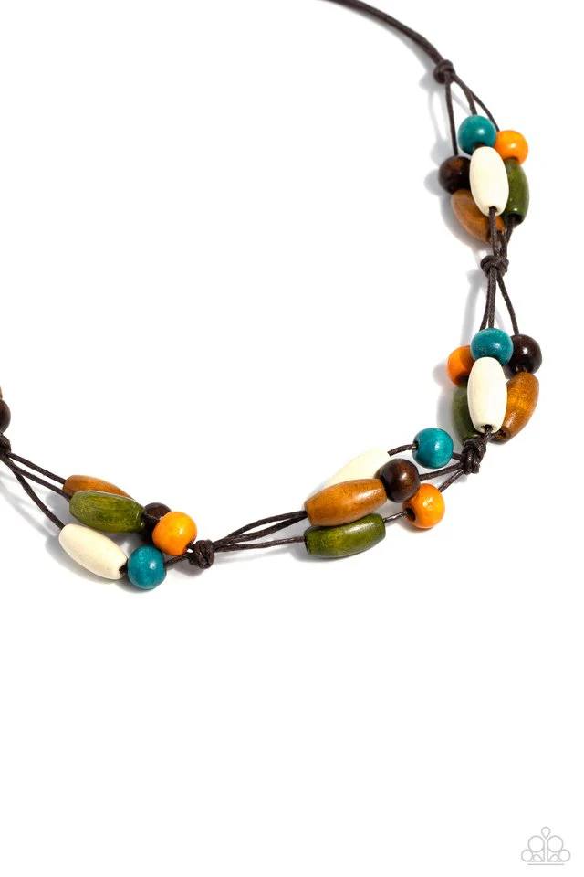 Outback Epic - Multi, Brown, White, Orange, Blue, Dark Brown, and Green Wooden Beads Short Necklace