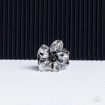 Tropical Treat - Black Rhinestone Silver Flower Ring