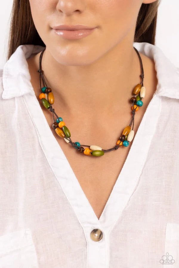 Outback Epic - Multi, Brown, White, Orange, Blue, Dark Brown, and Green Wooden Beads Short Necklace